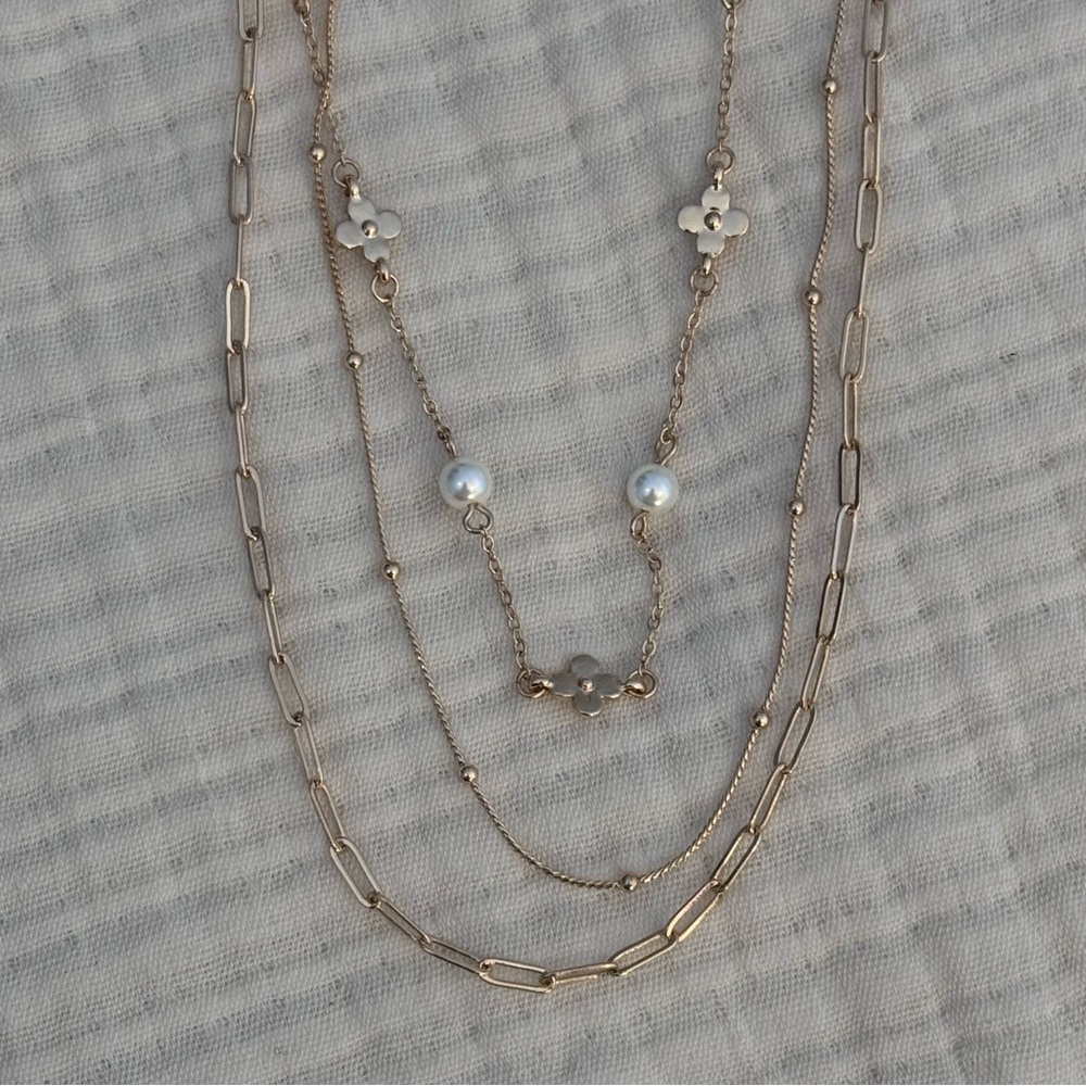 Gold-Tone Multi-Layer Stacked Chain Necklace With Faux Pearls & Heart Charms - Picture 2 of 4